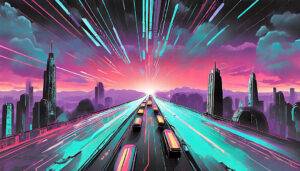 Futuristic landscape with digital traffic traveling at a high speed.