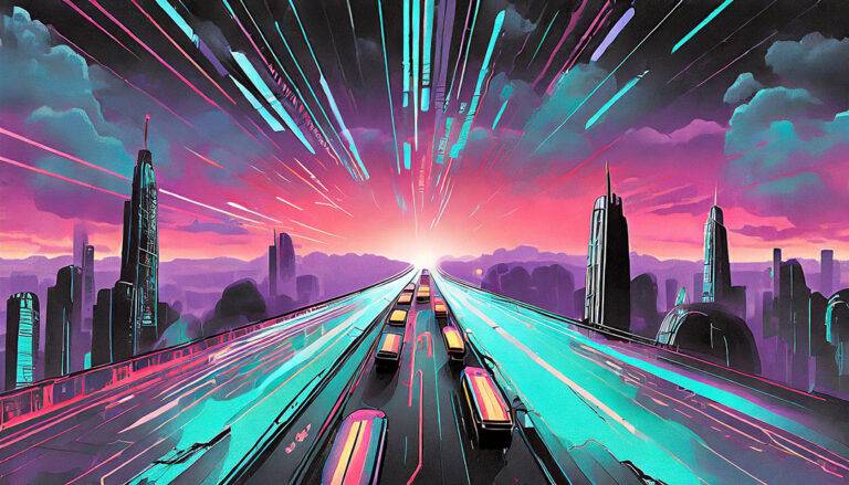 Futuristic Landscape With Digital Traffic Traveling At A High Speed.