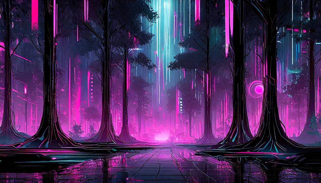 Digital Forest Populated With Trees Made Of Data.