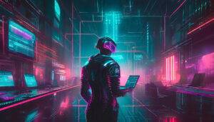 Person Holding A Laptop Surrounded By Digital Screen.