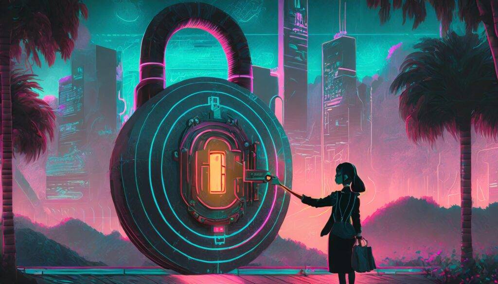 Business Woman Unlocking A Large Lock With A Digital Key