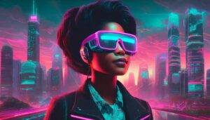 Woman Wearing A Pair Of Digital Glasses In Front Of A City.