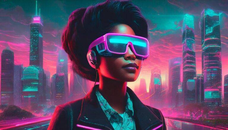 Woman Wearing A Pair Of Digital Glasses In Front Of A City.