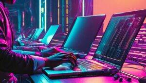 People Working On Several Laptops, Close Up Of Hands On Keyboard