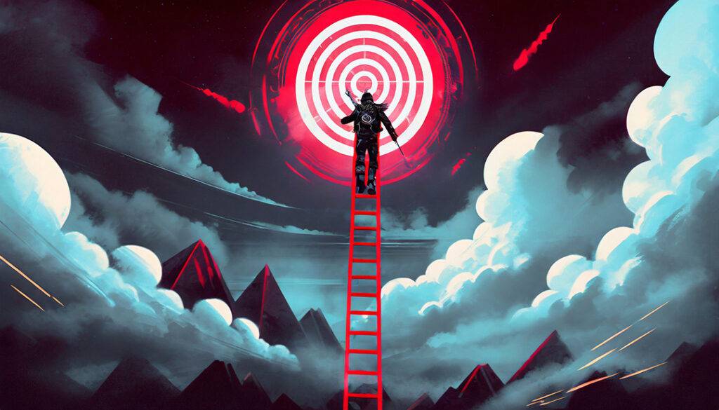 Person Climbing A Ladder To Reach A Target In The Clouds.