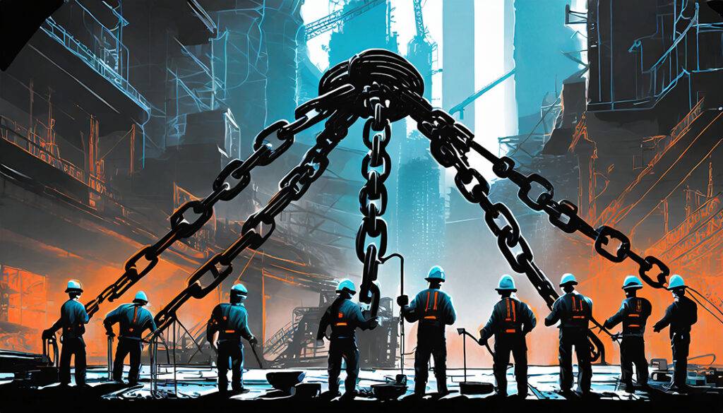 Group Of Construction Workers Standing In Front Of A Chain Link Structure.
