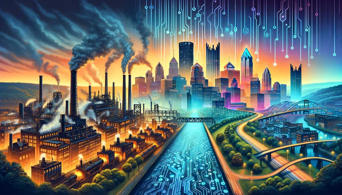 illustration of pittsburgh skyline with old pittsburgh manufacturing and new pittsburgh technology