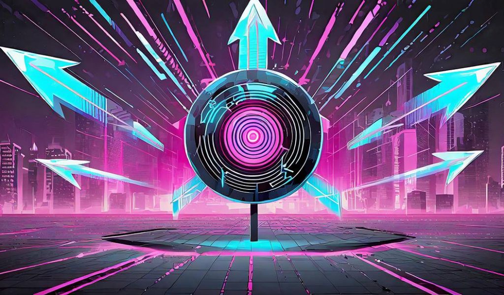 Cityscape with a digital target in the middle and arrows flying around it.