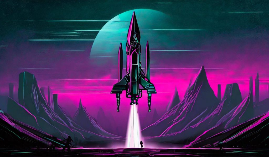 Rocket taking off in a digital landscape