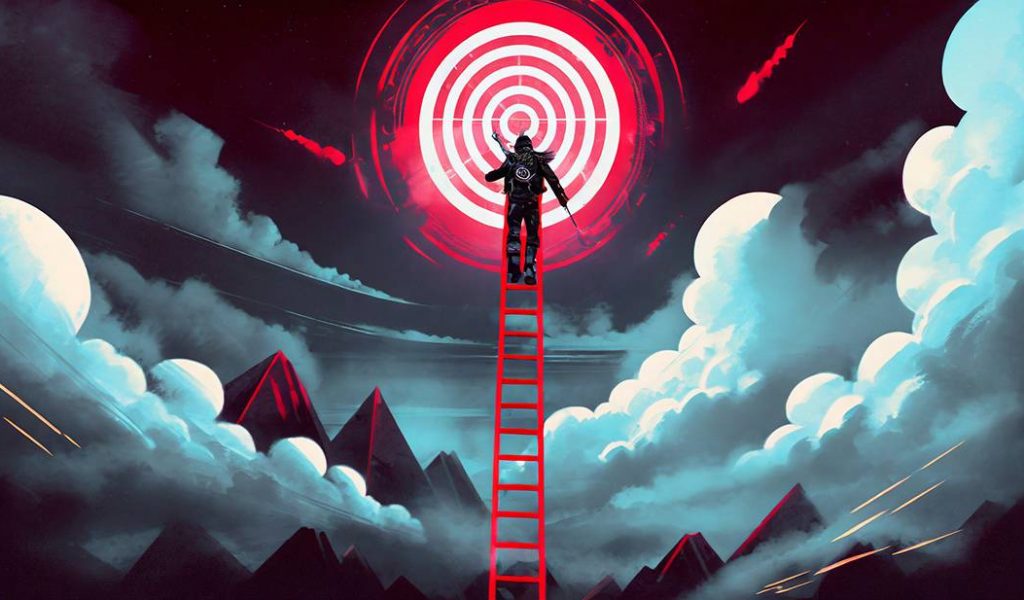 Person climbing a ladder to reach a target in the clouds.