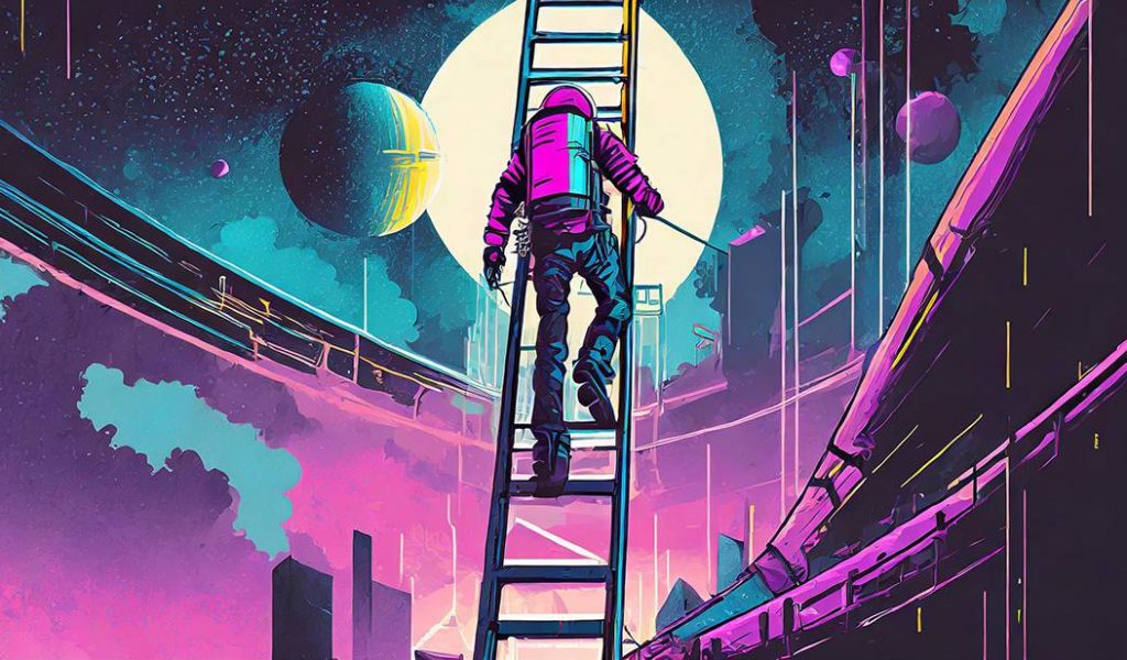 Climbing a tall ladder to space.