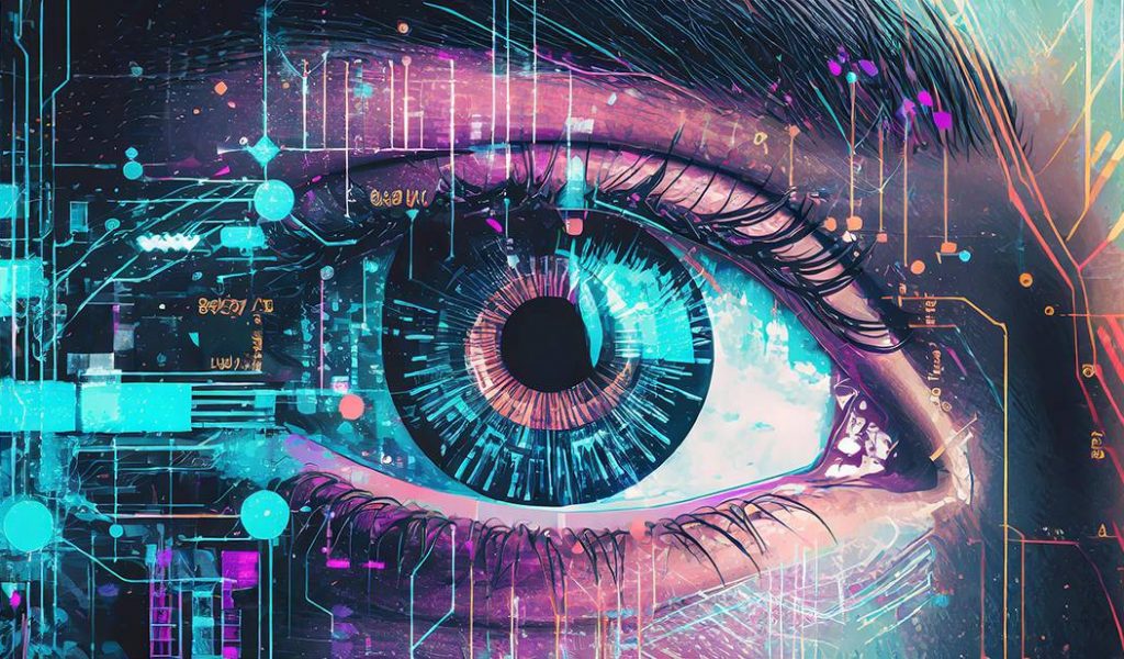 Close up of a persons eye with data being reflected