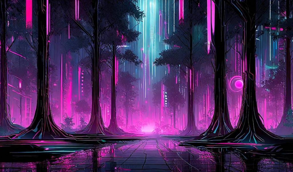 Digital forest populated with trees made of data.