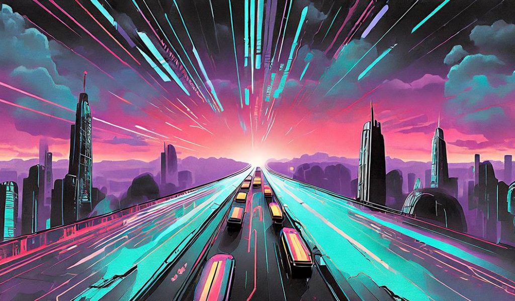Futuristic landscape with digital traffic traveling at a high speed.