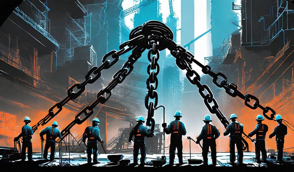 Group of construction workers standing in front of a chain link structure.