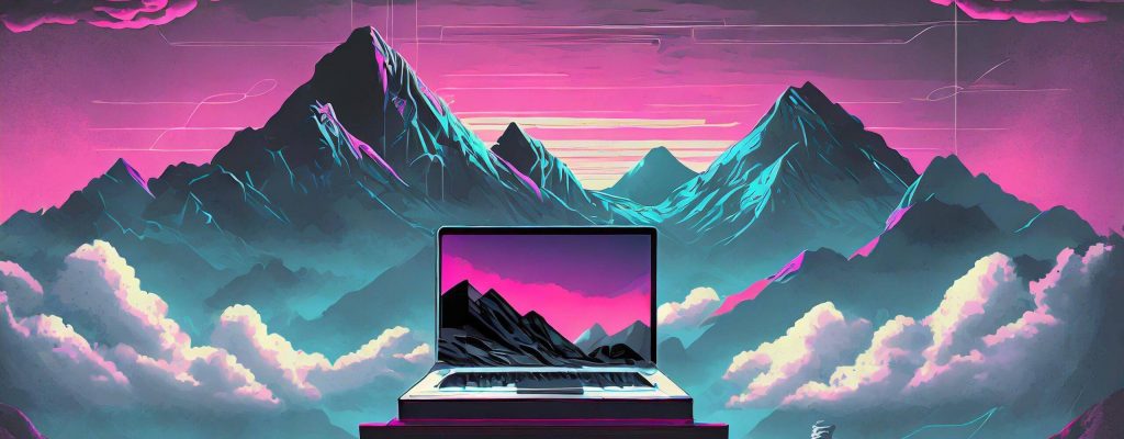 Laptop sitting on a pedestal with clouds and mountain view in the background