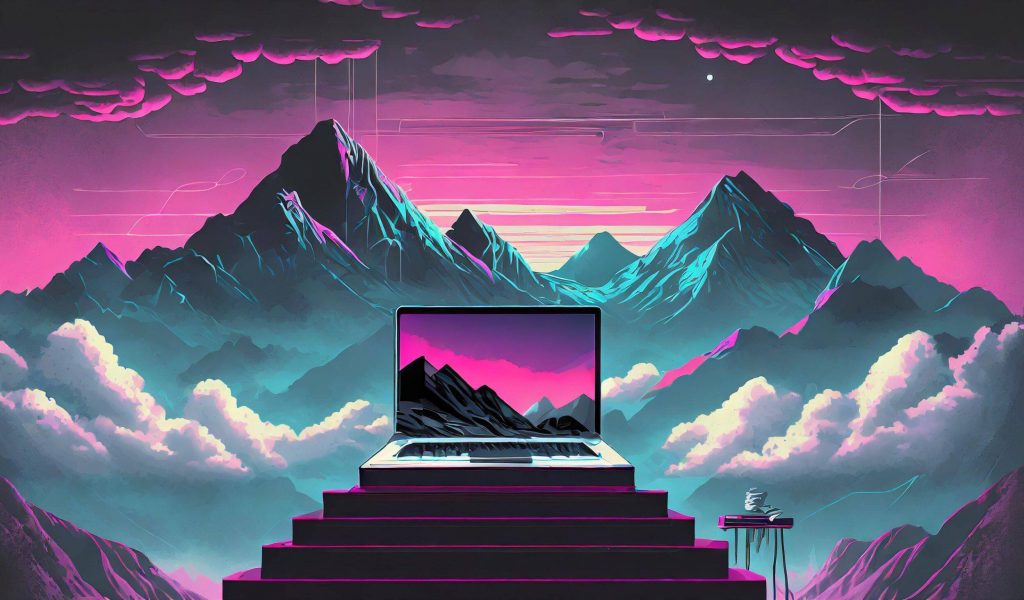 Laptop sitting on a pedestal with clouds and mountain view in the background