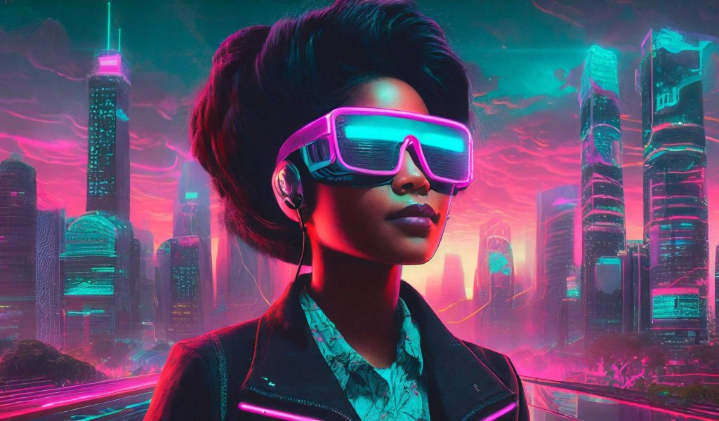 Woman wearing a pair of digital glasses in front of a city.