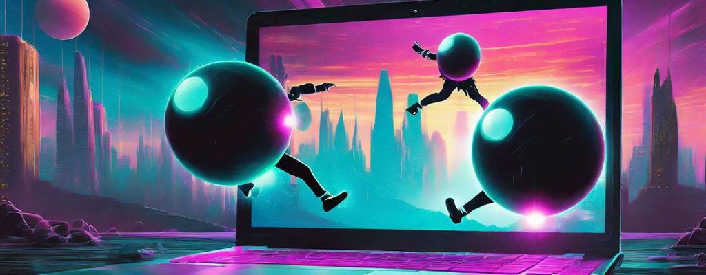 Large laptop with digital balls with arms and legs bouncing around the front of the screen.