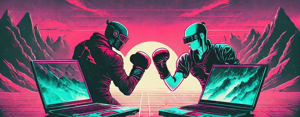 Two laptops with robotic boxers coming out of their screens facing each other, preparing to fight.