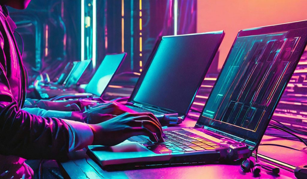People working on several laptops, close up of hands on keyboard
