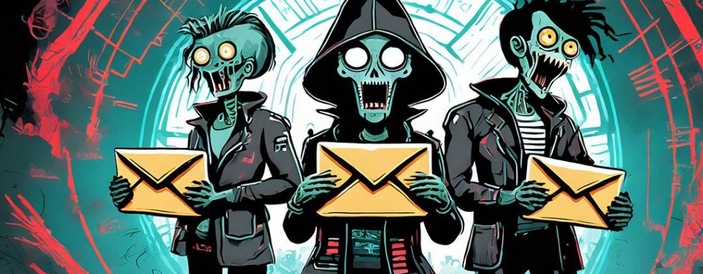 A group of three zombies holding email files