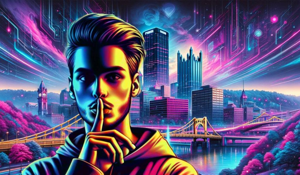 man with a finger to his lips in front of the pittsburgh skyline